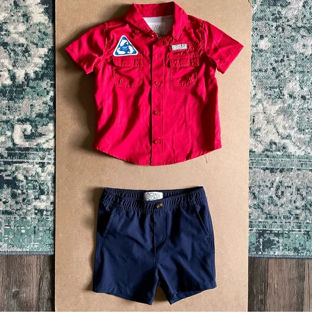 NWOT Ocean Coast 2 Piece Sun Beach Summer Outfit Sz 12M Red Shirt Blue Shorts